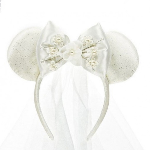 Disney Parks Bride Bridal Veil Ears White Floral Bow Minnie White Cream Headband - Picture 2 of 6